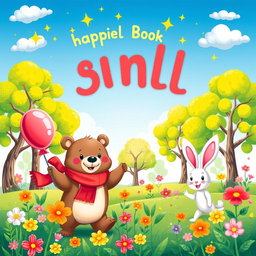A whimsical illustration for a children's book cover, featuring a joyful scene in a colorful forest with friendly animals