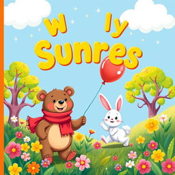 A whimsical illustration for a children's book cover, featuring a joyful scene in a colorful forest with friendly animals
