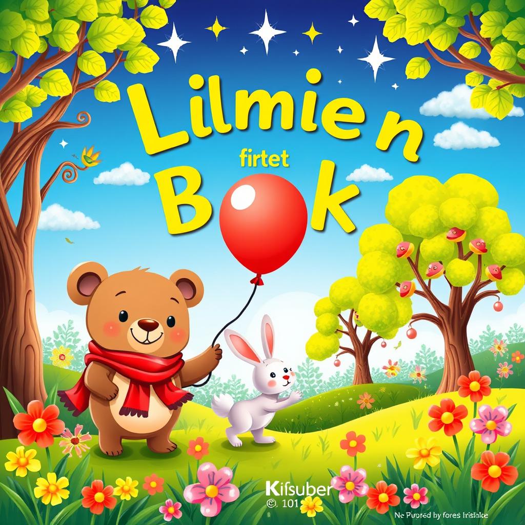 A whimsical illustration for a children's book cover, featuring a joyful scene in a colorful forest with friendly animals
