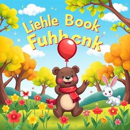 A whimsical illustration for a children's book cover, featuring a joyful scene in a colorful forest with friendly animals