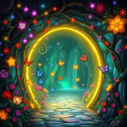 A magical enchanted tunnel, adorned with vibrant, glowing flowers and twisting vines