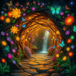 A magical enchanted tunnel, adorned with vibrant, glowing flowers and twisting vines