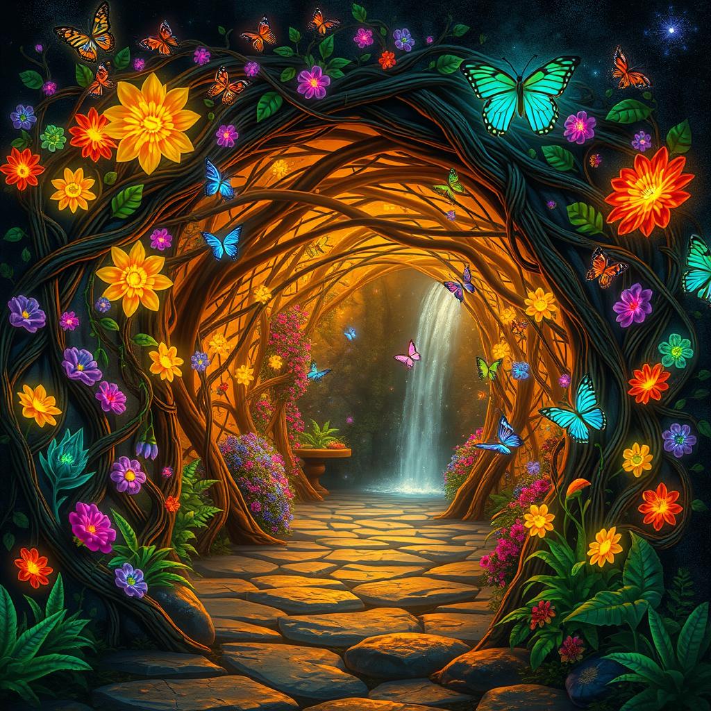 A magical enchanted tunnel, adorned with vibrant, glowing flowers and twisting vines