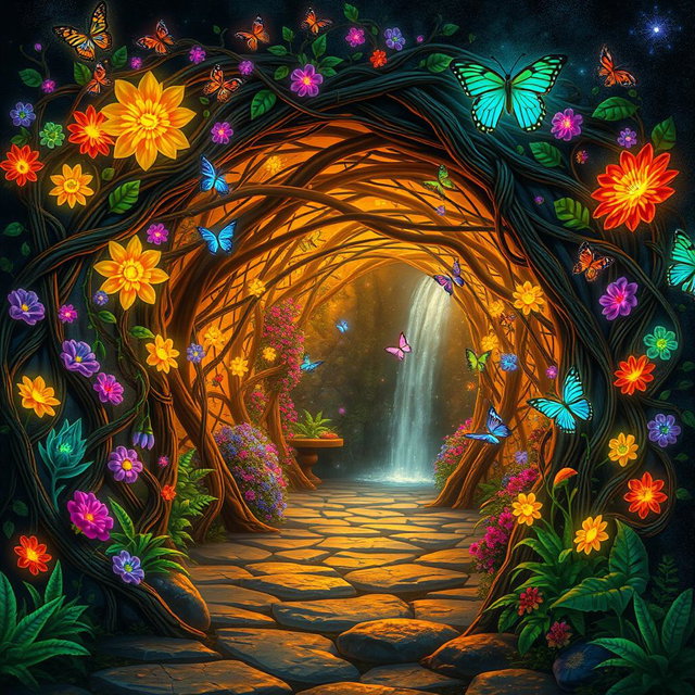 A magical enchanted tunnel, adorned with vibrant, glowing flowers and twisting vines