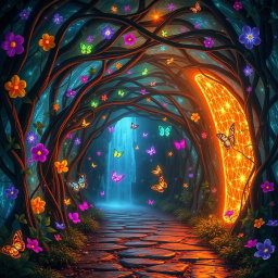 A magical enchanted tunnel, adorned with vibrant, glowing flowers and twisting vines