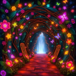 A magical enchanted tunnel, adorned with vibrant, glowing flowers and twisting vines