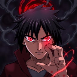 A detailed illustration of Sasuke Uchiha's Mangekyou Sharingan, showcasing the intricate design of the eyes with the unique pattern of the Sharingan