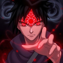 A detailed illustration of Sasuke Uchiha's Mangekyou Sharingan, showcasing the intricate design of the eyes with the unique pattern of the Sharingan