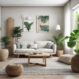 A stylish and unique living room design composed of a merger of tropical and Scandinavian concepts. The room is furnished with handcrafted Java craft furniture, lush tropical plants, a light neutral color palette typical of Scandinavian aesthetics, and highlighted with ethnically patterned textiles or heritage arts.