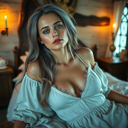 A beautiful, slim, shy young woman, portrayed as a cleric with bright turquoise eyes and long ash grey hair