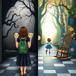 An illustrated book cover showcasing a pastel-colored enchanted forest split into two different sides
