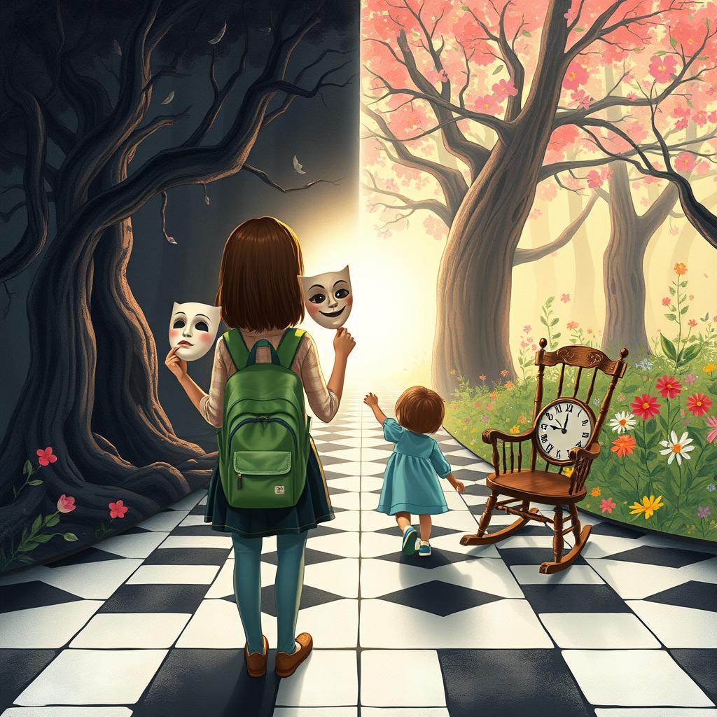 An illustrated book cover showcasing a pastel-colored enchanted forest split into two different sides