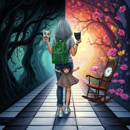 An enchanted tunnel divided into two distinct sides: the left side is dark and eerie, featuring twisted trees with dark leaves that create ominous shadows