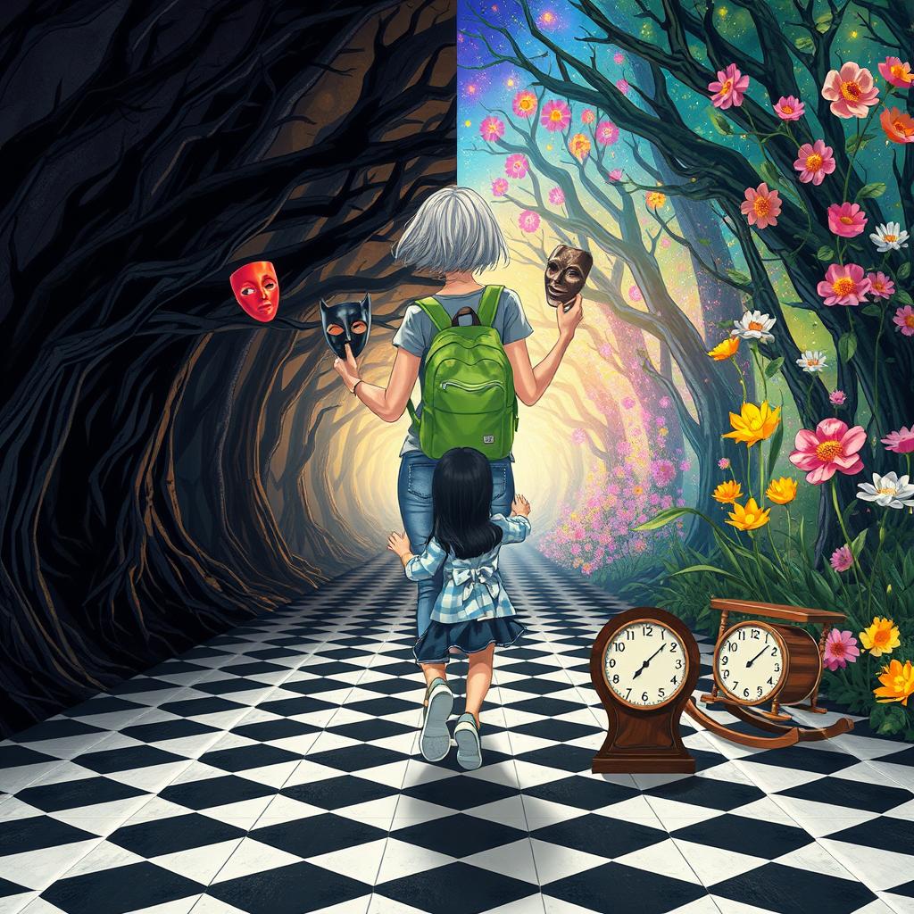 An enchanted tunnel divided into two distinct sides: the left side is dark and eerie, featuring twisted trees with dark leaves that create ominous shadows