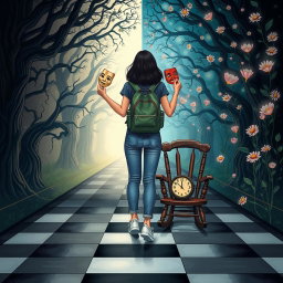 An enchanted tunnel divided into two distinct sides: the left side is dark and foreboding, featuring twisted trees with dark leaves that create an eerie atmosphere