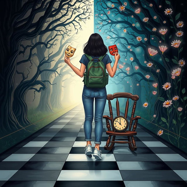 An enchanted tunnel divided into two distinct sides: the left side is dark and foreboding, featuring twisted trees with dark leaves that create an eerie atmosphere