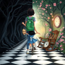 An enchanted tunnel divided into two distinct sides: the left side is dark and foreboding, featuring twisted trees with dark leaves that create an eerie atmosphere