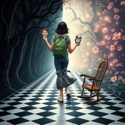An enchanted tunnel divided into two distinct sides: the left side is dark and foreboding, featuring twisted trees with dark leaves that create an eerie atmosphere