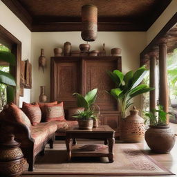 A traditional Javanese living room design filled with intricate, handcrafted Java craft furniture. The room is adorned with warm, earthy tones, fabrics rich in Batik patterns, vintage Java artworks, carved wooden details, and lush indoor plants for a tropical touch.