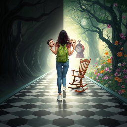 An enchanted tunnel divided into two distinct sides: the left side showcases a dark, shadowy forest with twisted trees and dark, ominous leaves, creating an eerie atmosphere