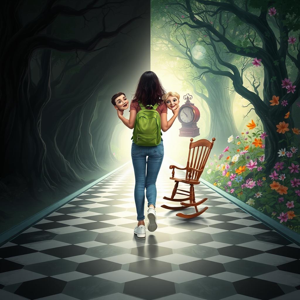 An enchanted tunnel divided into two distinct sides: the left side showcases a dark, shadowy forest with twisted trees and dark, ominous leaves, creating an eerie atmosphere