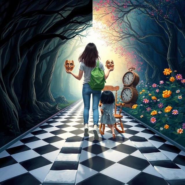 An enchanted tunnel divided into two distinct sides: the left side showcases a dark, shadowy forest with twisted trees and dark, ominous leaves, creating an eerie atmosphere