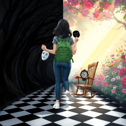 An enchanted tunnel divided into two distinct sides: the left side showcases a dark, shadowy forest with twisted trees and dark, ominous leaves, creating an eerie atmosphere