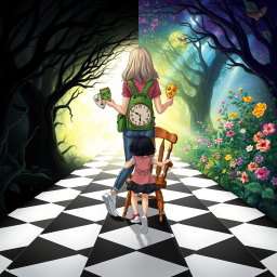 An enchanted tunnel divided into two distinct sides: the left side showcases a dark, shadowy forest with twisted trees and dark, ominous leaves, creating an eerie atmosphere