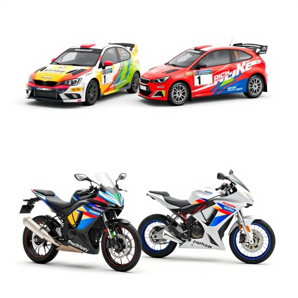 Two rally cars positioned dynamically, showcasing their vibrant colors and unique designs against a clean white background