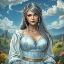 A busty, shy and delicate European girl with large beautiful natural breasts, featuring long straight ash grey hair that flows elegantly