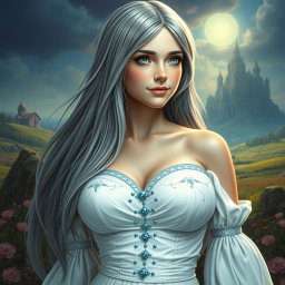A busty, shy and delicate European girl with large beautiful natural breasts, featuring long straight ash grey hair that flows elegantly