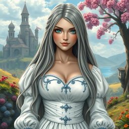 A busty, shy and delicate European girl with large beautiful natural breasts, featuring long straight ash grey hair that flows elegantly