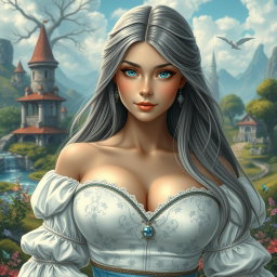 A busty, shy and delicate European girl with large beautiful natural breasts, featuring long straight ash grey hair that flows elegantly