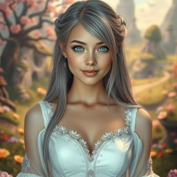 A delicate, kind European girl with a slim figure, featuring large, beautiful natural breasts