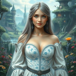 A delicate, kind European girl with a slim figure, featuring large, beautiful natural breasts