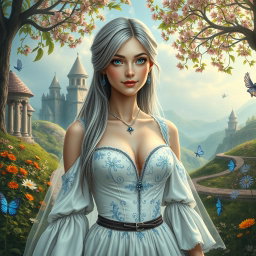 A delicate, kind European girl with a slim figure, featuring large, beautiful natural breasts