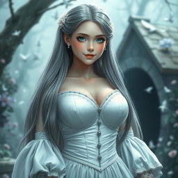 A busty, shy, and delicate European girl with an enchanting appearance, featuring long straight ash grey hair cascading down her back