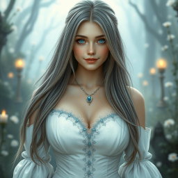 A busty, shy, and delicate European girl with an enchanting appearance, featuring long straight ash grey hair cascading down her back