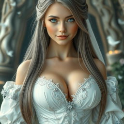 A busty, shy, and delicate European girl with an enchanting appearance, featuring long straight ash grey hair cascading down her back