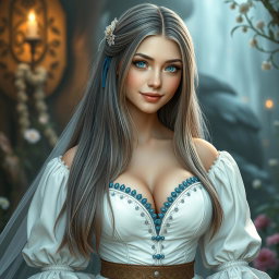 A busty, shy, and delicate European girl with an enchanting appearance, featuring long straight ash grey hair cascading down her back