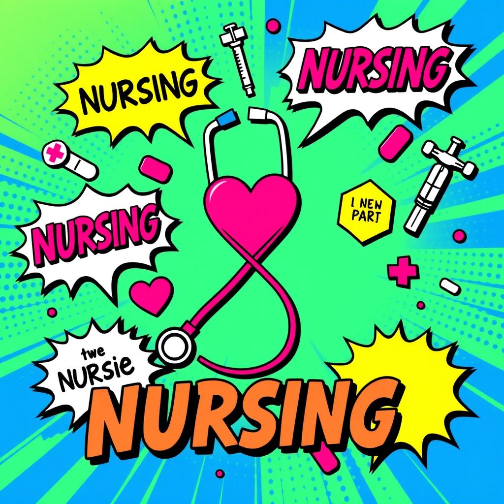 A colorful and vibrant pop art inspired cover design for a nursing theme, featuring iconic symbols of nursing such as stethoscopes, syringes, and band-aids, creatively arranged with bold outlines and bright colors