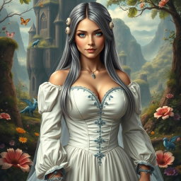 A busty, shy, delicate European girl with large beautiful natural breasts and long straight ash grey hair