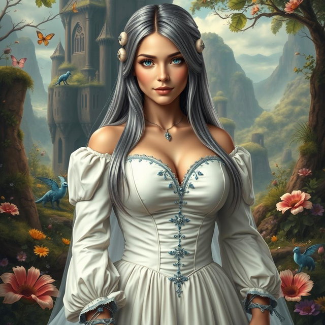 A busty, shy, delicate European girl with large beautiful natural breasts and long straight ash grey hair