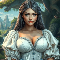 A busty, shy, delicate European girl with large beautiful natural breasts and long straight ash grey hair