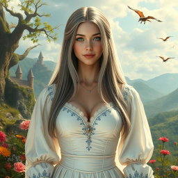 A busty, shy, delicate European girl with large beautiful natural breasts and long straight ash grey hair