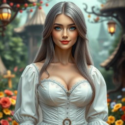 A busty, shy, delicate European girl with large, beautiful, natural breasts, long straight ash grey hair, and bright turquoise eyes
