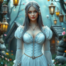 A busty, shy, delicate European girl with large, beautiful, natural breasts, long straight ash grey hair, and bright turquoise eyes