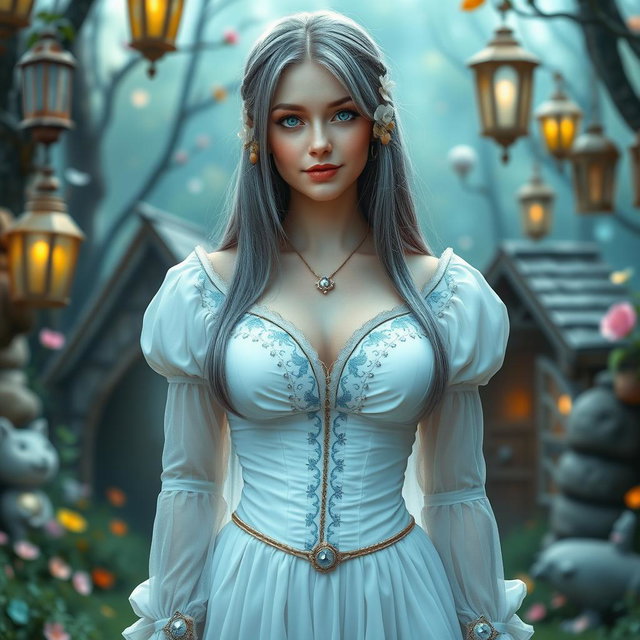 A busty, shy, delicate European girl with large, beautiful, natural breasts, long straight ash grey hair, and bright turquoise eyes