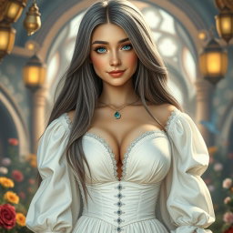 A busty, shy, delicate European girl with large, beautiful, natural breasts, long straight ash grey hair, and bright turquoise eyes