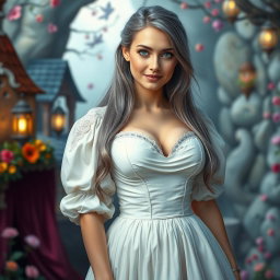 A busty, shy, delicate European girl with large, beautiful, natural breasts, long straight ash grey hair, and bright turquoise eyes